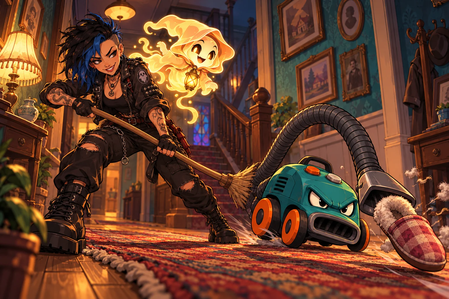 Raven and Porchlight facing a possessed vacuum cleaner in a Hollowbrook home